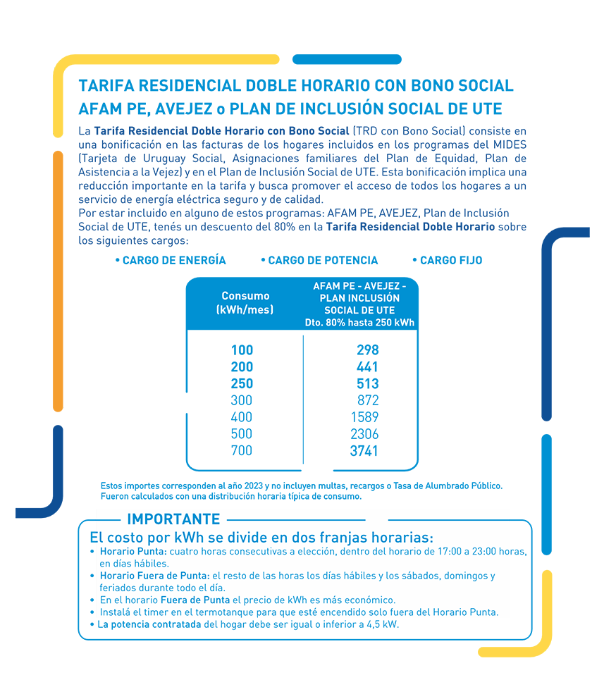 Interior folleto TRD con Bono Social Afam Pe, Avejez o Plan de Inclusión Social de UTE