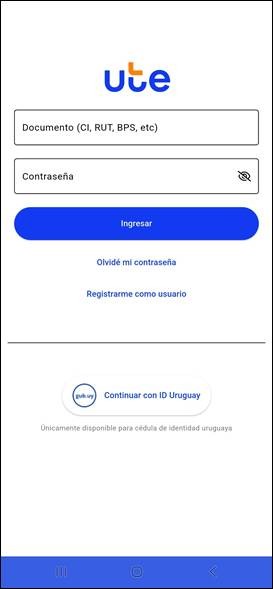 Portada principal de la App UTE Clientes antes de loguearse