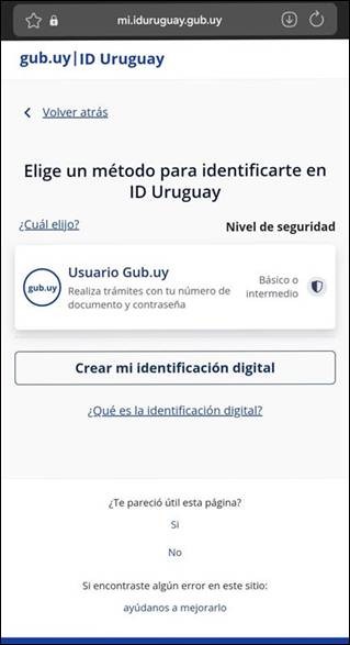Página para elegir el método de identificación de Gub.uy
