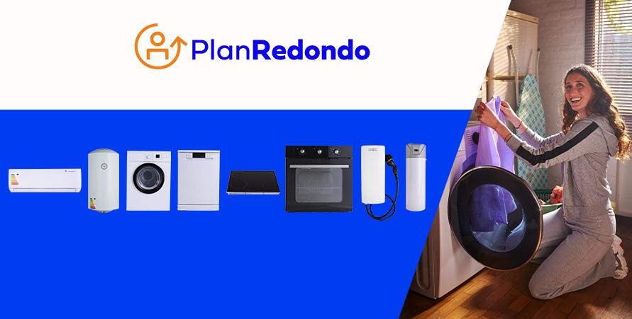 Imagen del Plan Redondo de UTE. En primer plano, se muestran electrodomésticos eficientes sobre fondo azul.  En la parte superior, el logo del Plan Redondo. en la parte derecha la imagen de una  mujer usando el secarropas.